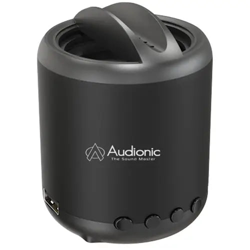 Black portable speaker with Audionic logo on a white background