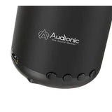 Close-up of a black Audionic portable speaker showing the side profile, USB-C charging port, control buttons, and the Audionic logo on a white background.