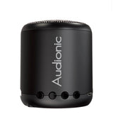 Black portable speaker with 'Audionic' branding on a white background