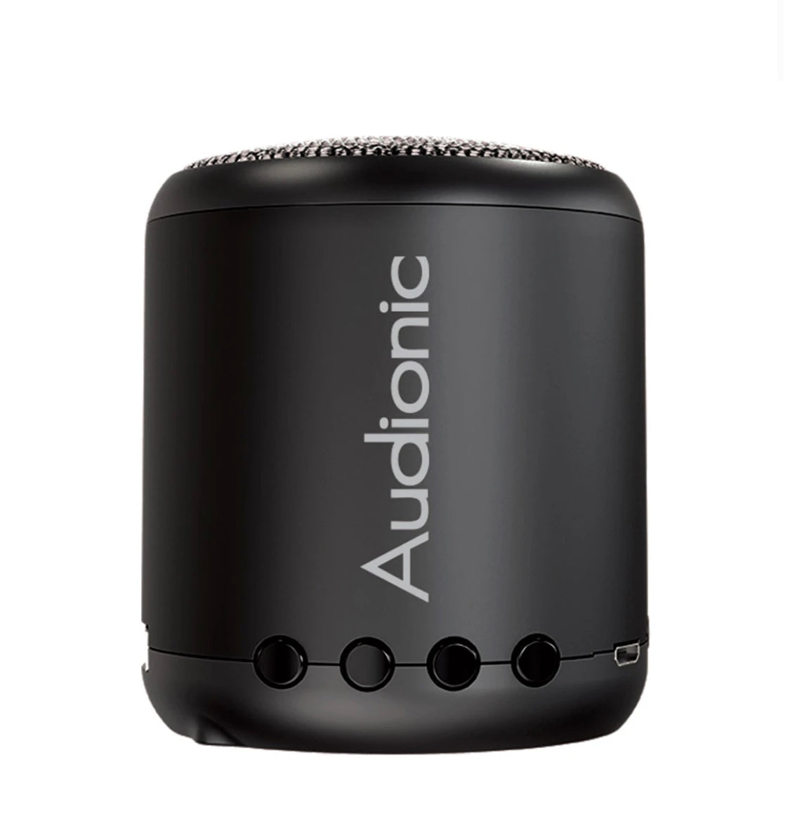 Black portable speaker with 'Audionic' branding on a white background