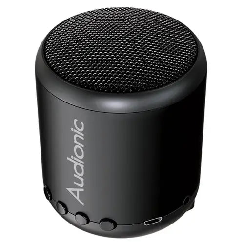 Black Audionic portable speaker on a white background