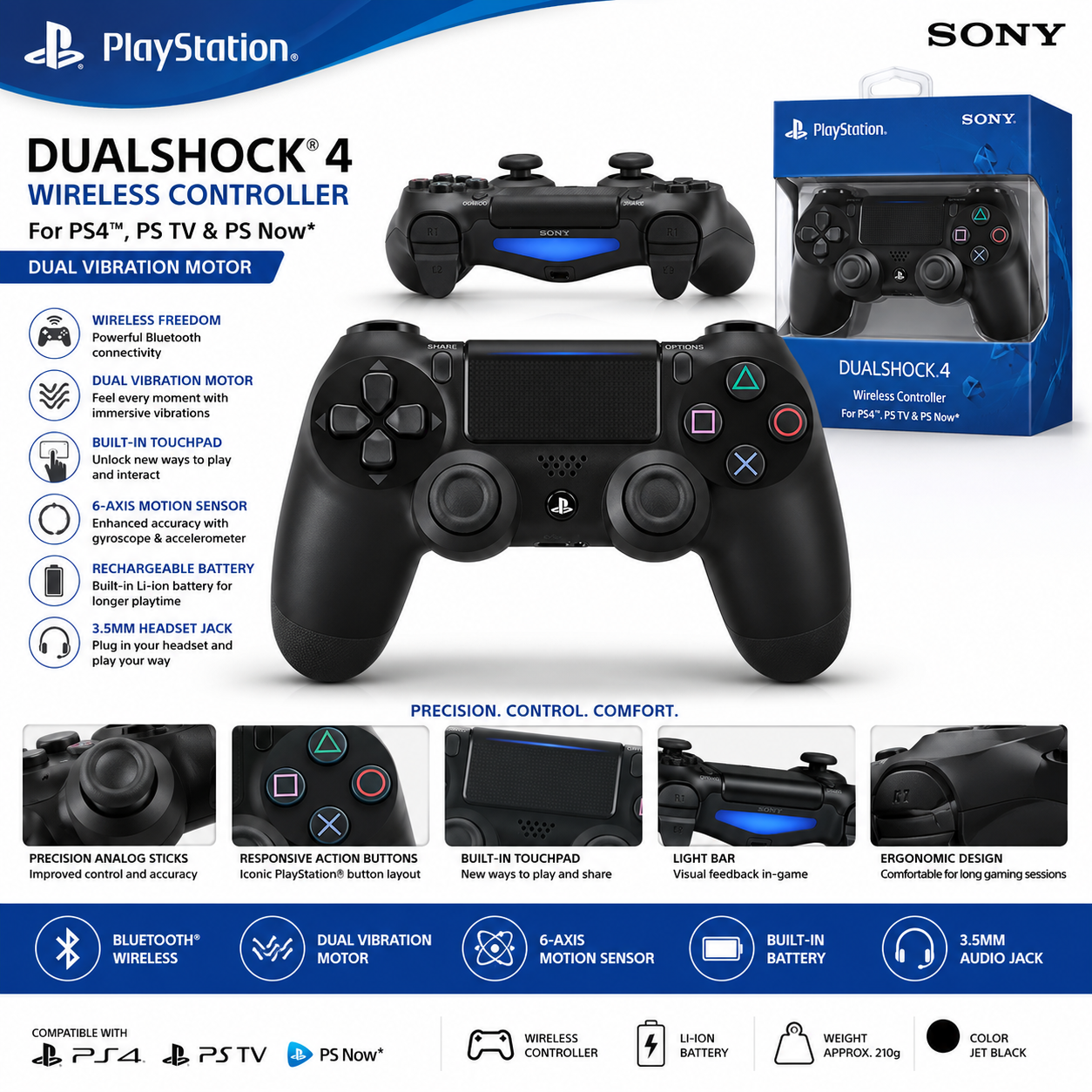 PS4 DualShock 4 Wireless Controller – Ergonomic Design with Dual Vibration Motors