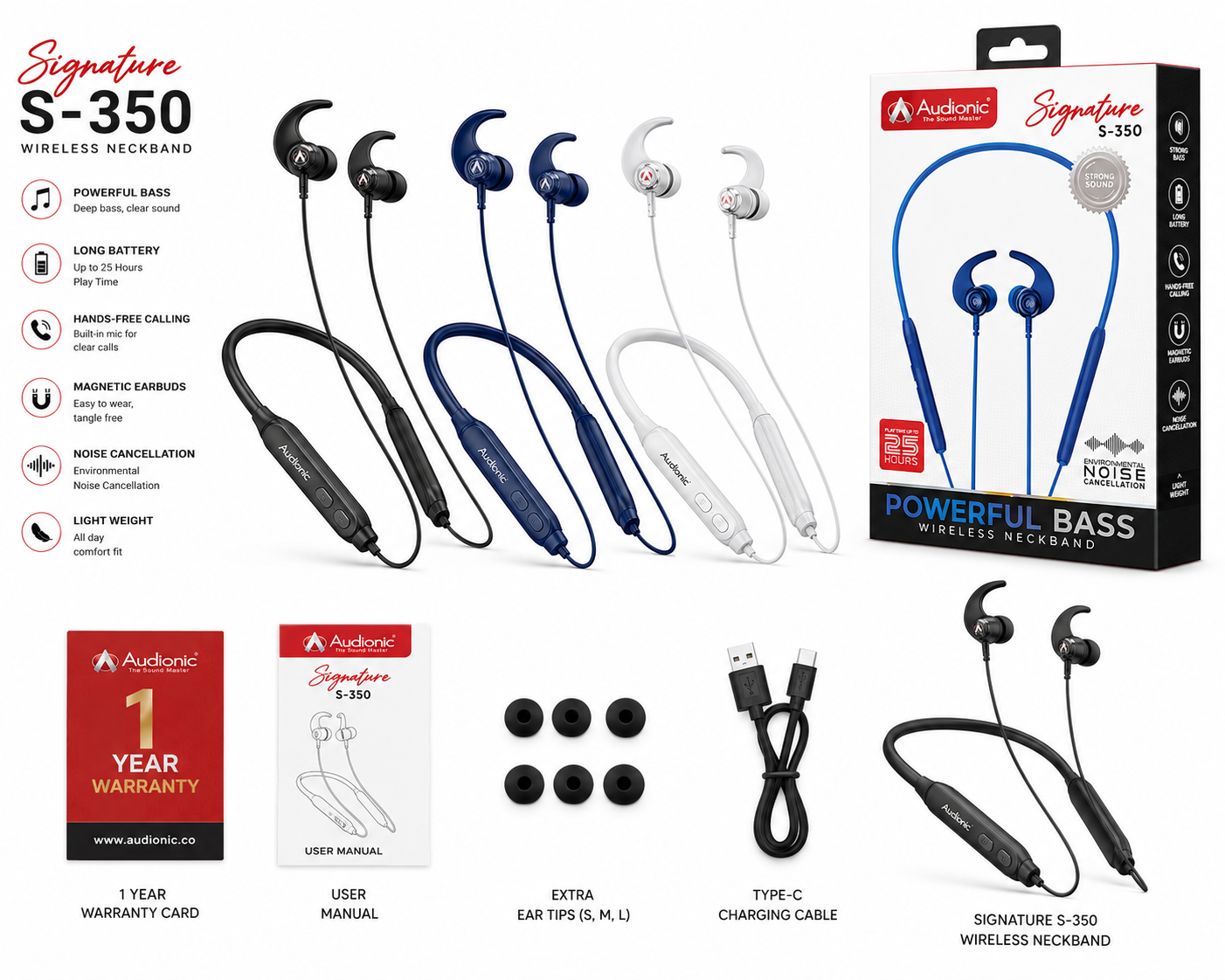 Audionic Signature S-350 Wireless Neckband - Premium Sound & Long Battery Life