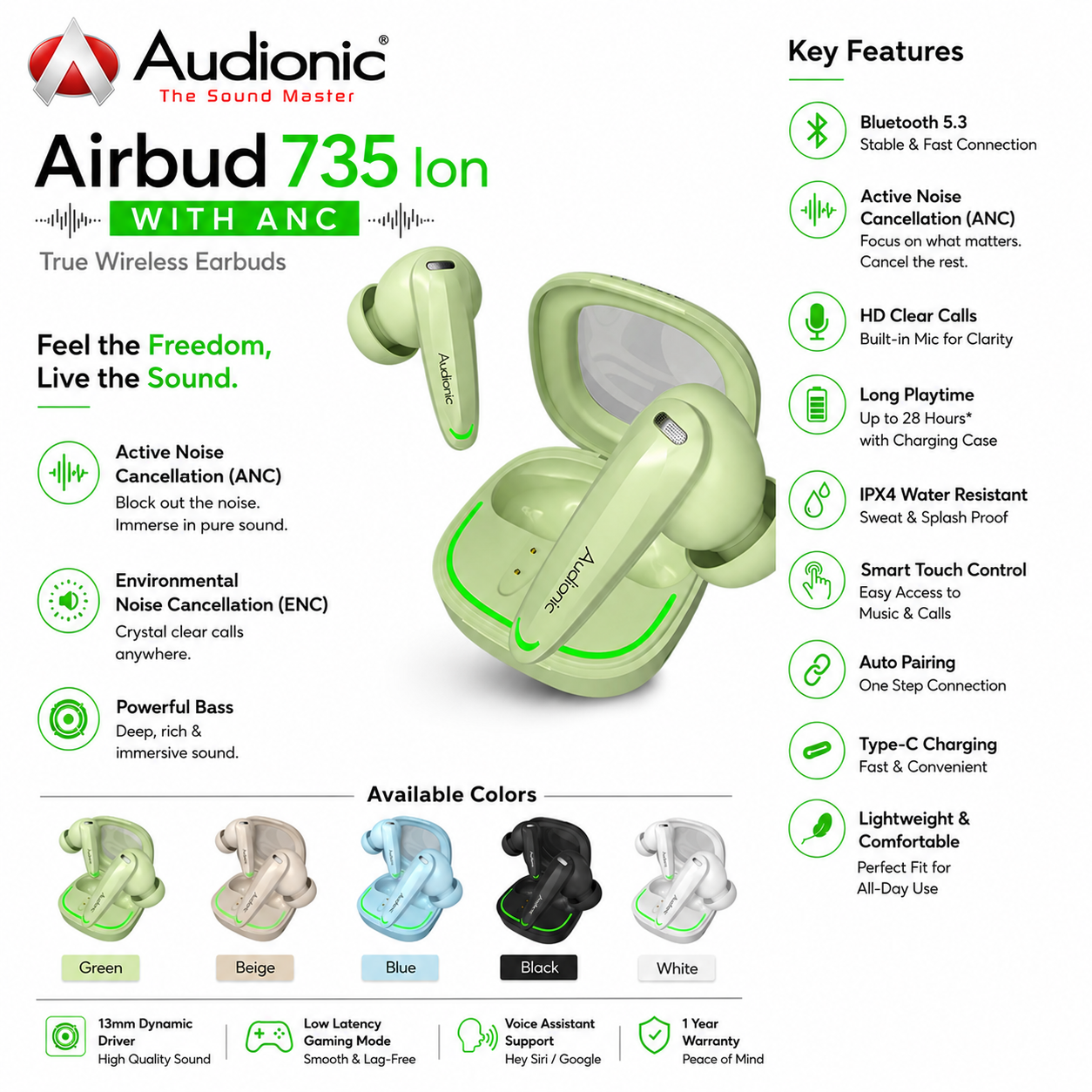 Audionic Airbud 735 ION – Wireless Earbuds with Advanced ANC & ENC