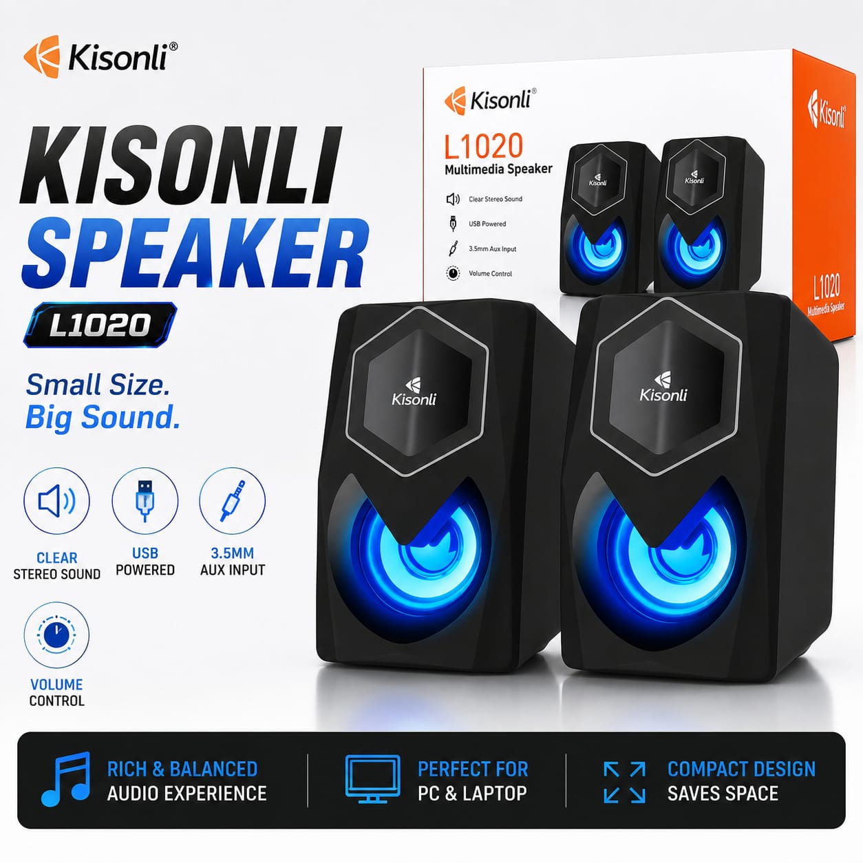 Kisonli L-1020 Wired USB Multimedia Speaker with RGB LED Lighting