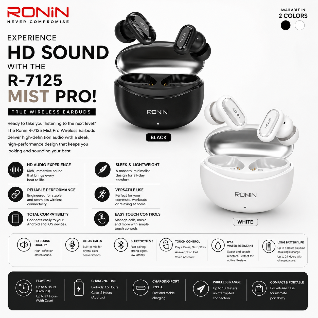 Ronin Mist Pro R-7125 Wireless Earbuds | HD Audio & Sleek Performance
