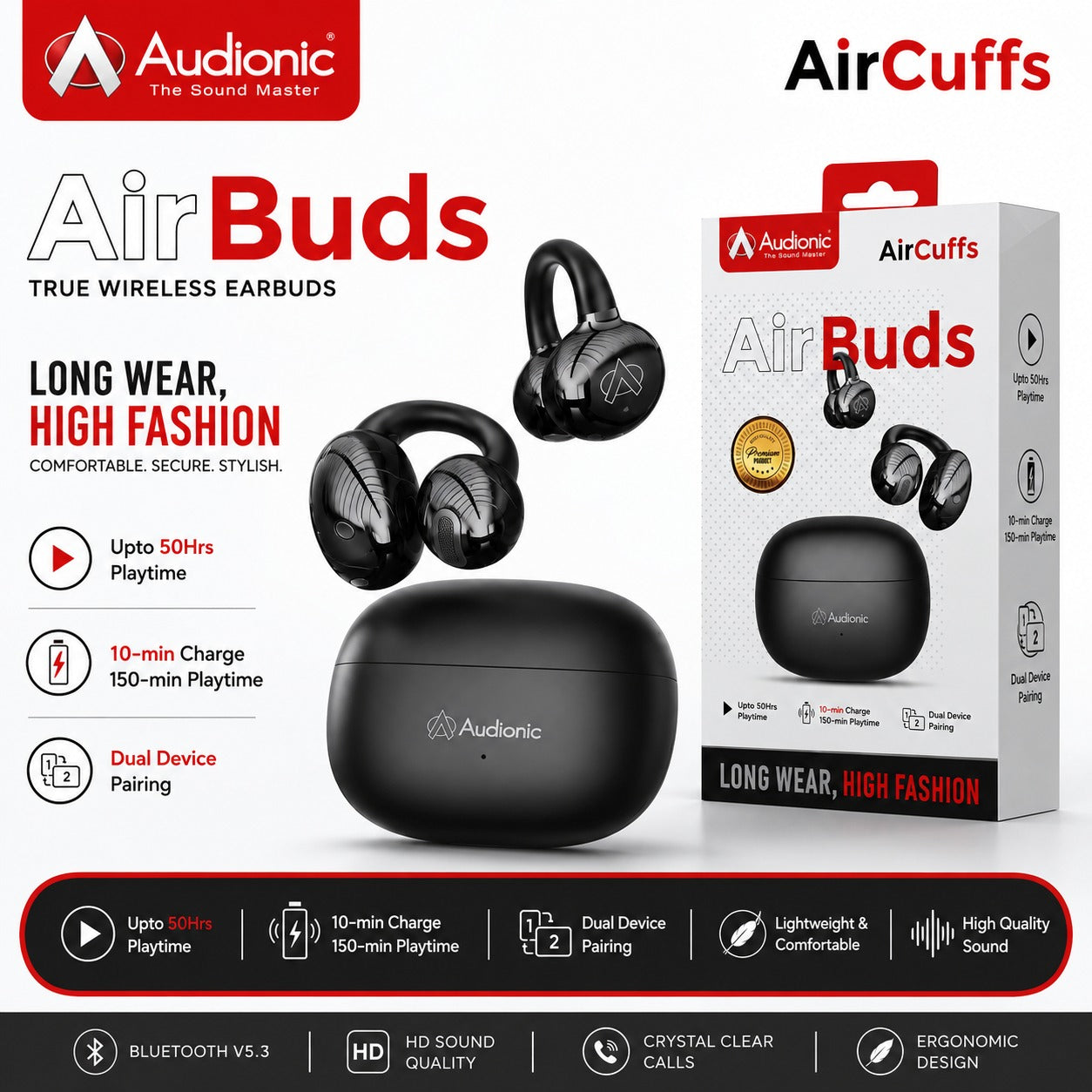 Audionic Aircuffs – Open-Ear Design, Bluetooth 5.4, 50 Hours Playtime