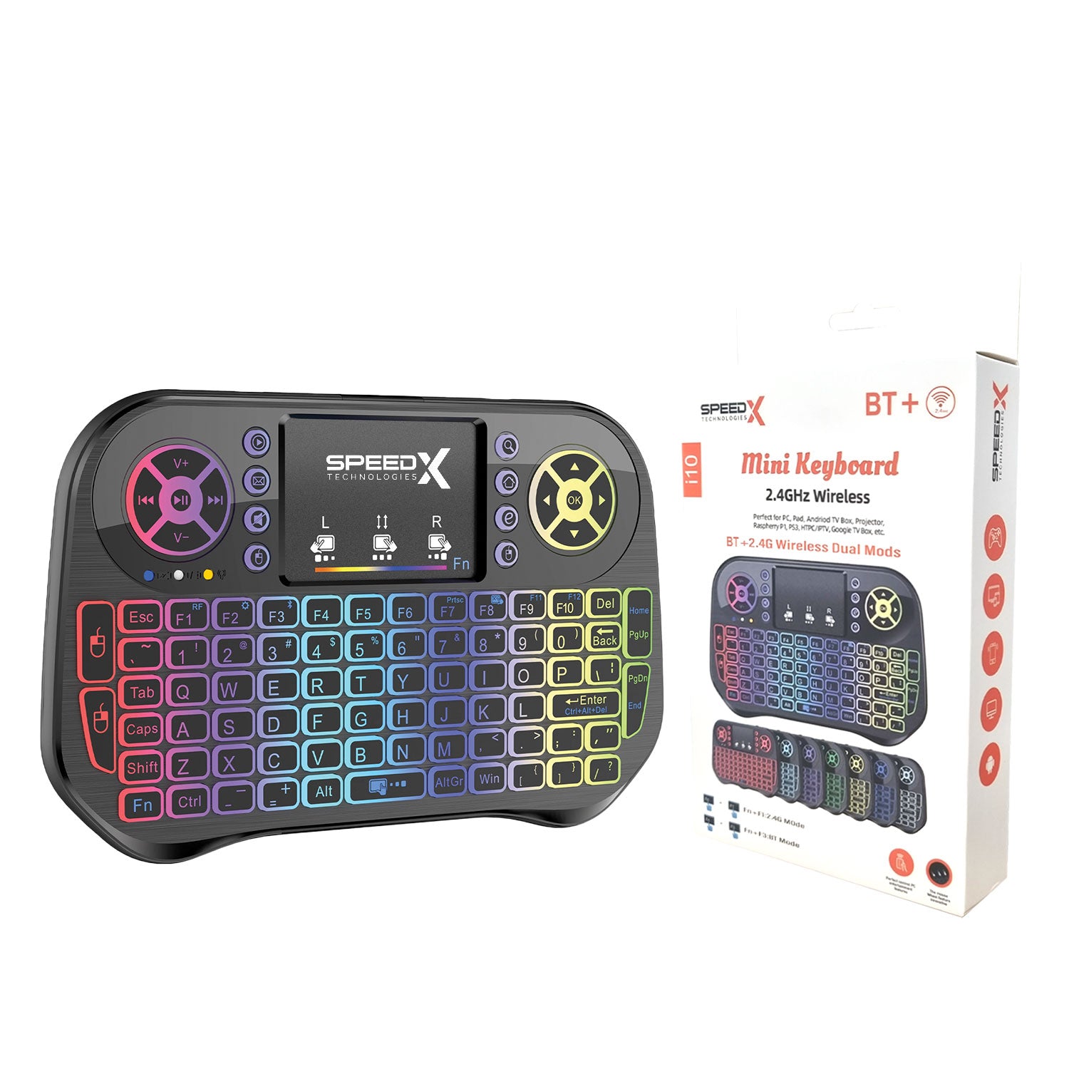 SpeedX I10 Mini Wireless+Bluetooth Keyboard with Touchpad – 7 Color Backlit, 2.4GHz