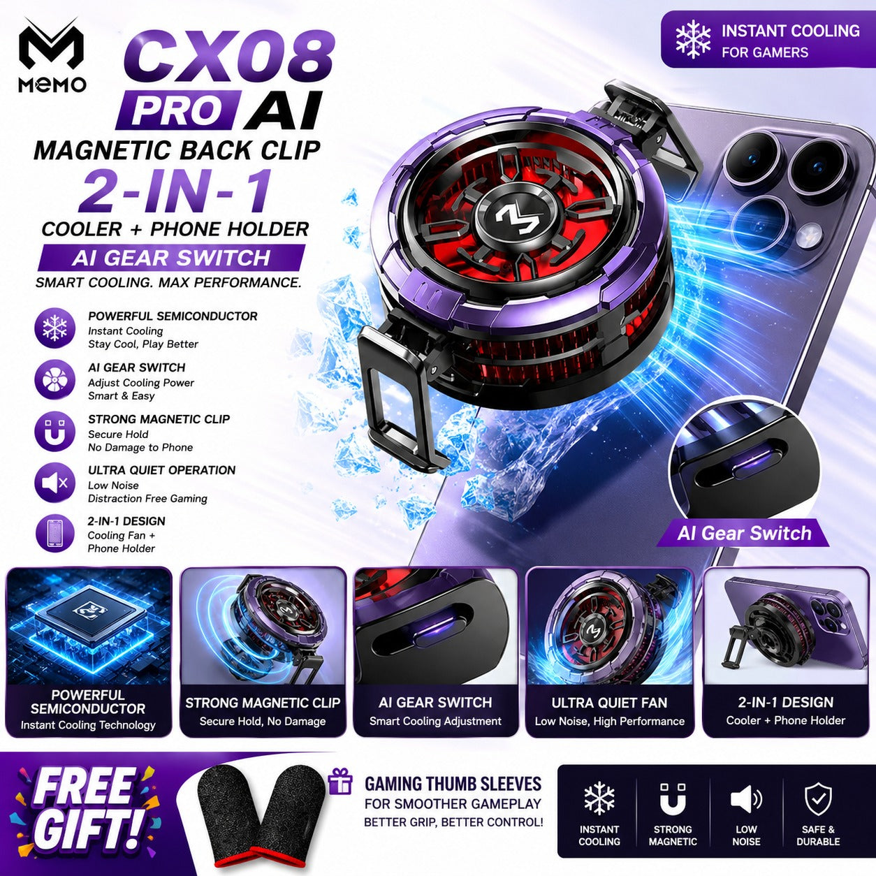 Memo CX08 Pro AI Magnetic Phone Cooler - Semiconductor Cooling for Gaming