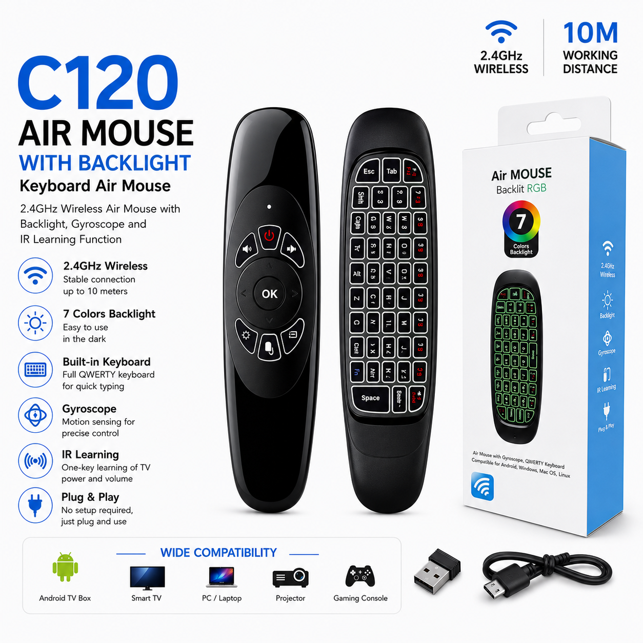 C120 Wireless Air Mouse – RGB Backlit Remote with Keyboard & Motion Control