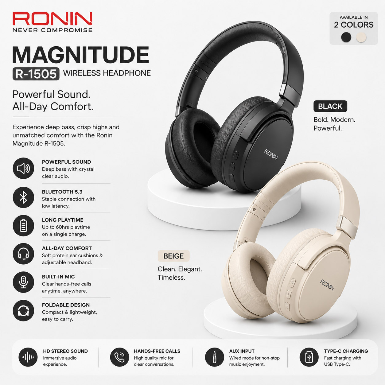 Ronin Magnitude R-1505 Headphone – Mood-Tuned Sound, 40mm Drivers, Bluetooth 5.4