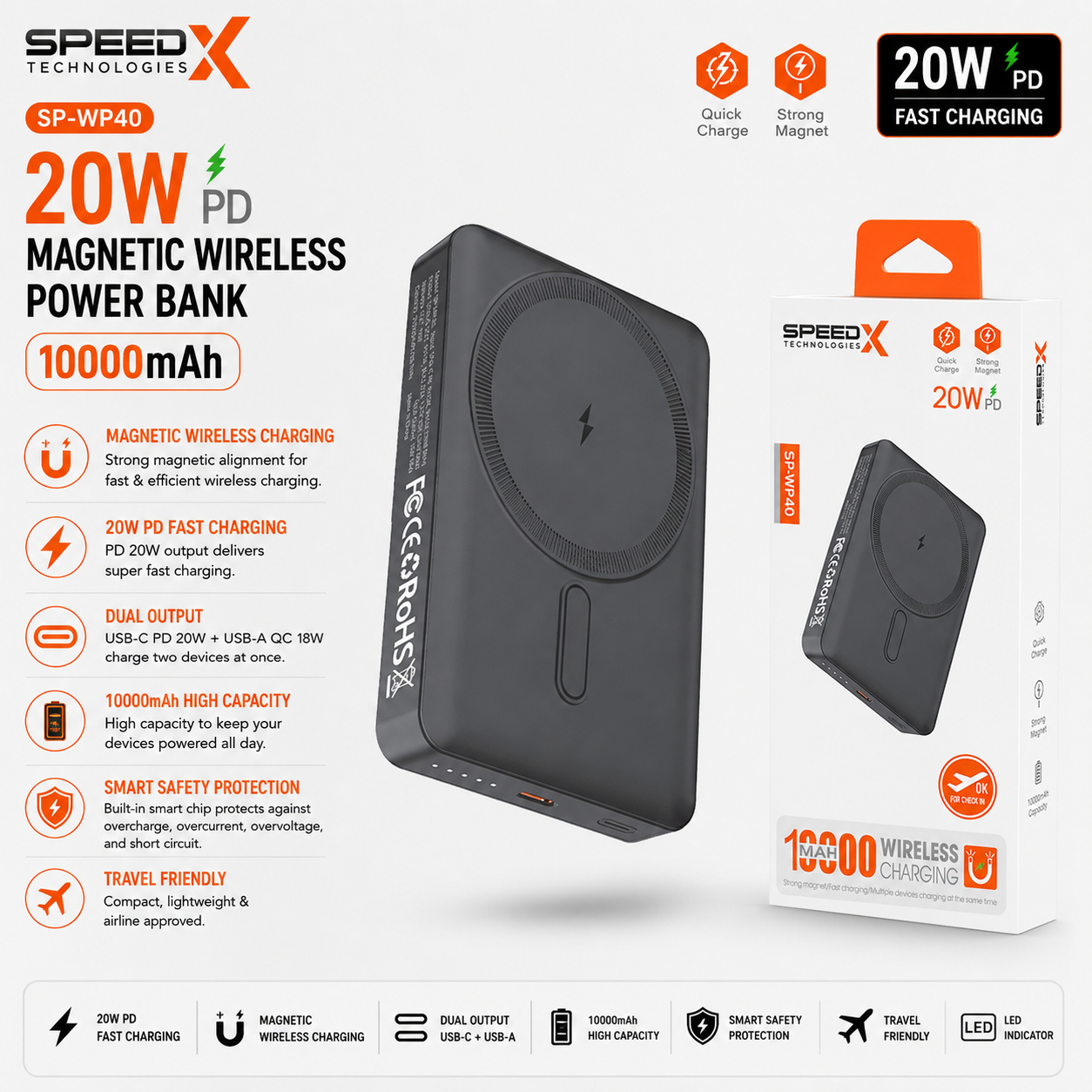 Speed-X SP-WP40 10000mAh Magnetic Wireless Power Bank 20W PD Fast Charging