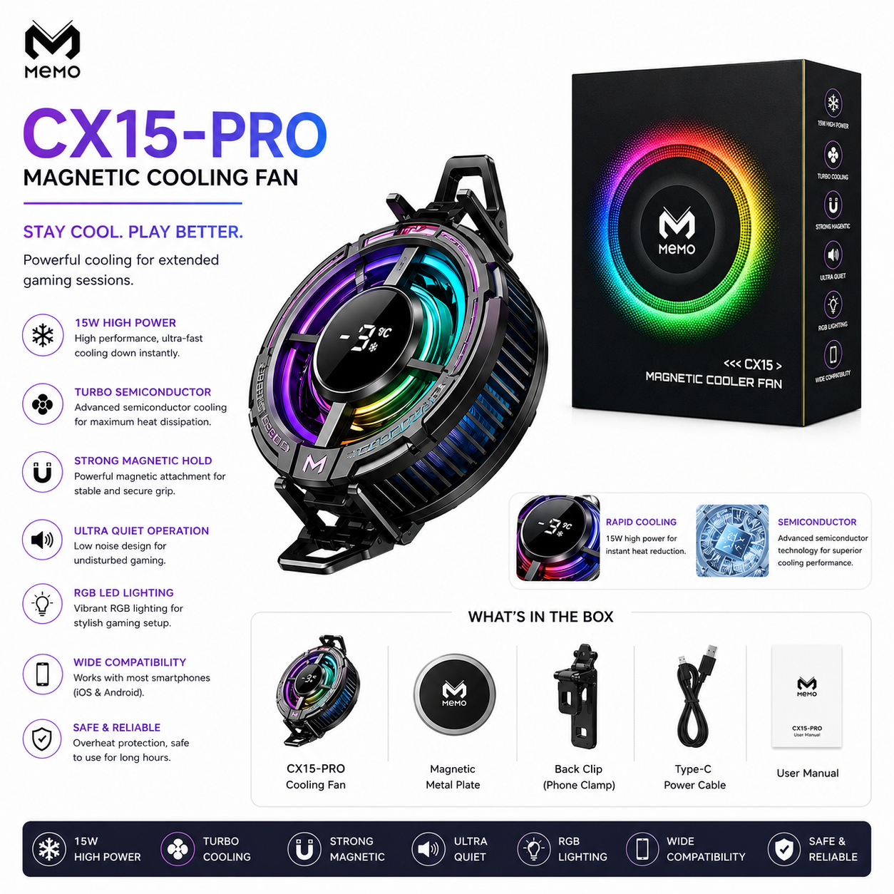 Memo CX15 Pro Magnetic Phone Cooler - Real-Time Temp Display & Instant Semiconductor Cooling