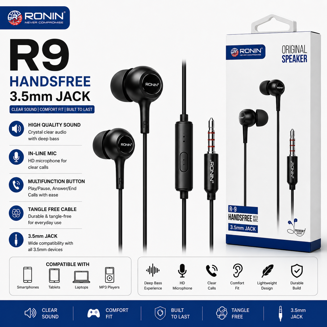 Ronin R-9 High-Performance 3.5mm Wired Handsfree - Clear Sound & Deep Bass