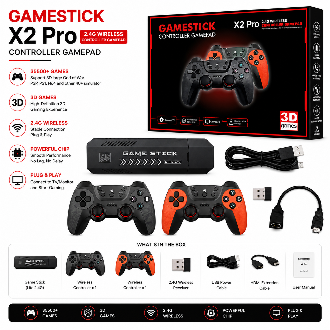 X2 Pro Retro Game Stick - 4K HD Wireless Console with 41,000+ Classic Games