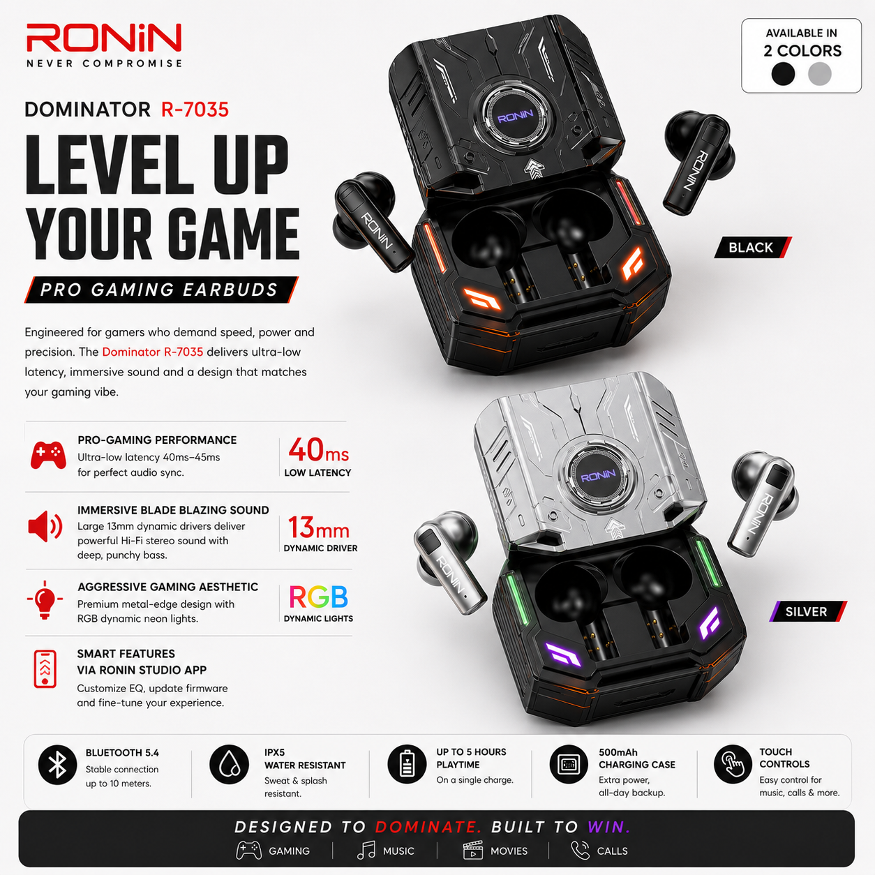 Ronin R-7035 Dominator Earbuds – Gaming, Low Latency, Powerful Bass