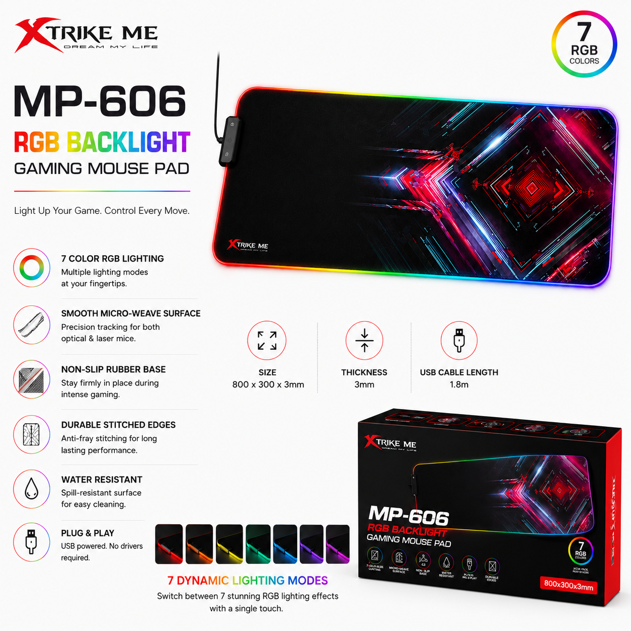 Xtrike Me MP-606 RGB Gaming Mouse Pad – 7 Color Lighting, 800x300x3mm