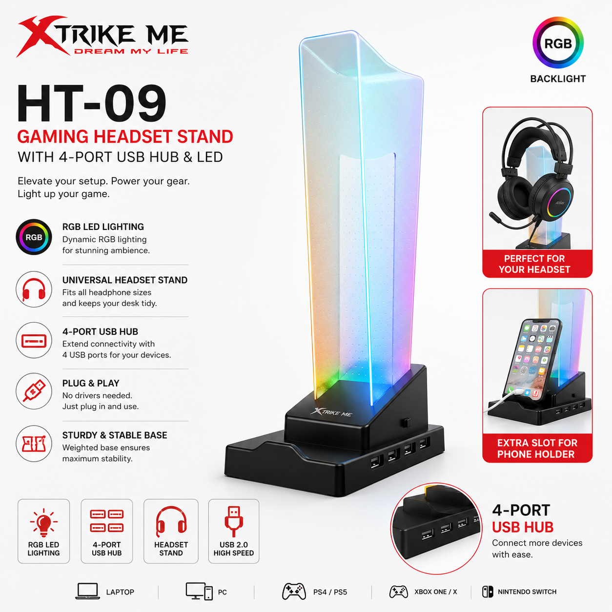 Xtrike Me HT-09 Gaming Headset Stand – 4-Port USB Hub & RGB Lighting