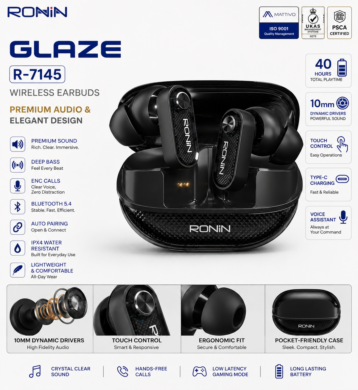 Ronin R-7145 Glaze Wireless Earbuds | Premium Audio & Elegant Design