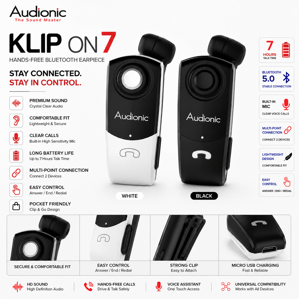 Audionic Business KLIP-ON 7 – Retractable Bluetooth Headset with Noise Suppression