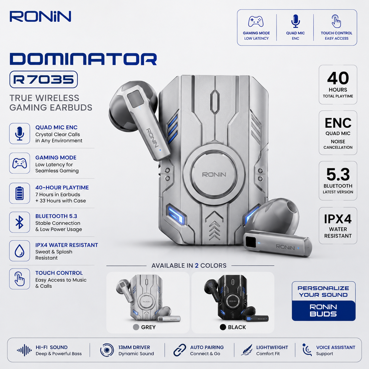 Ronin R-7035 Dominator Earbuds – Gaming, Low Latency, Powerful Bass