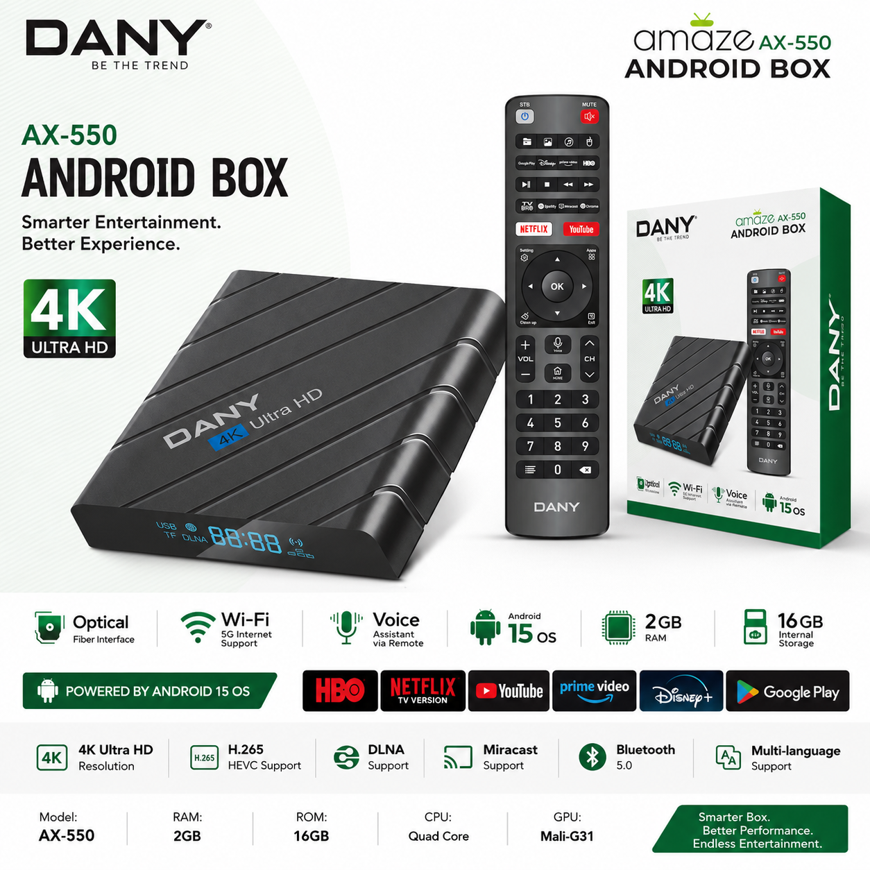 Amaze AX-550 4K Android TV Box – Android 15, 2GB RAM, 16GB ROM & Voice Remote