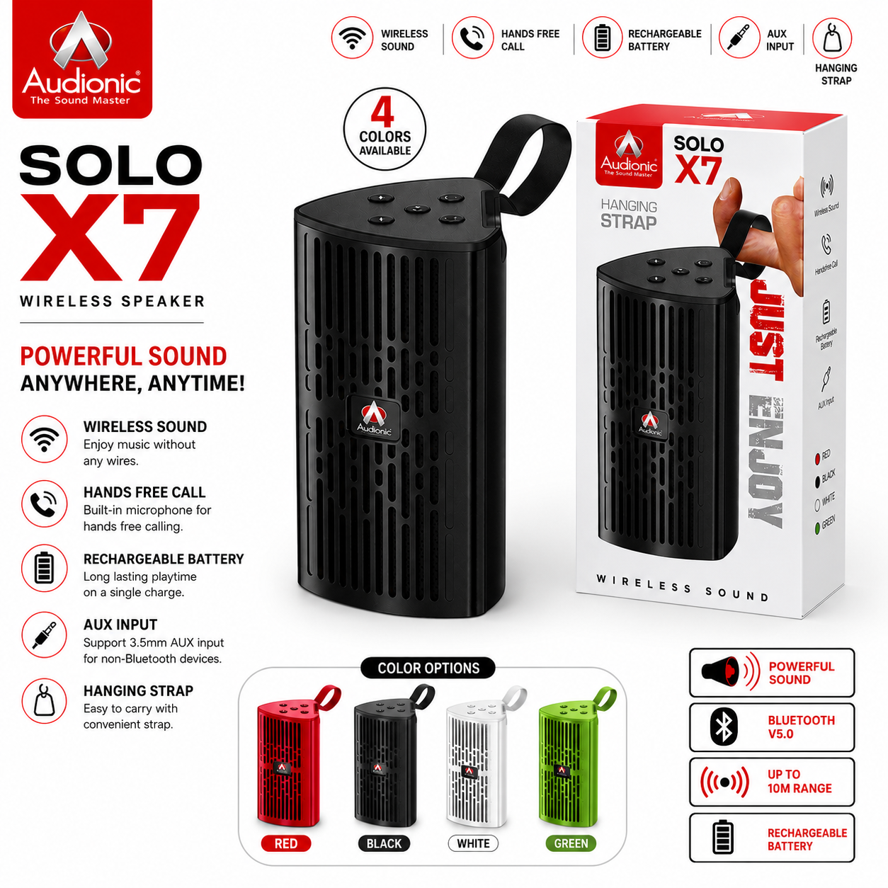 Audionic Solo X7 – Compact Portable Wireless Bluetooth Speaker - Black