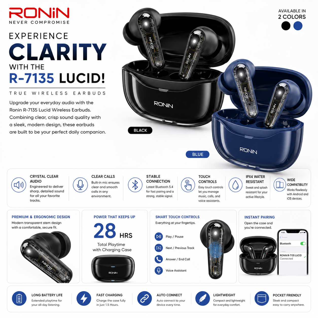 Ronin Lucid R-7135 Wireless Earbuds – Transparent Design, Quad-Mic ENC & Dual Device Connectivity