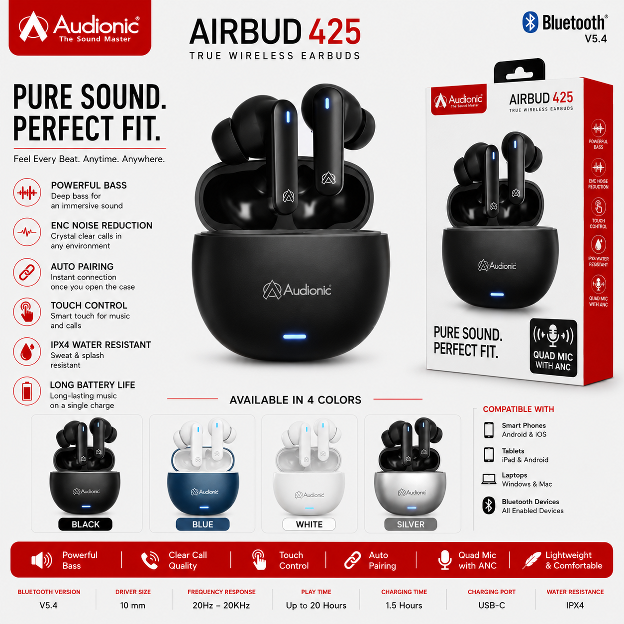 Audionic Airbud 425 – Wireless Earbuds with Long Playtime & Clear Sound