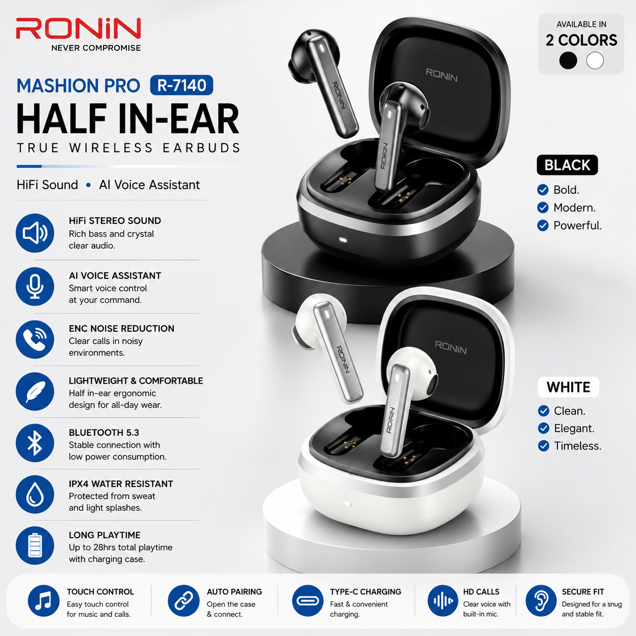 Ronin Mashion Pro R-7140 Earbuds – Half In-Ear, HiFi Sound, AI Voice Assistant