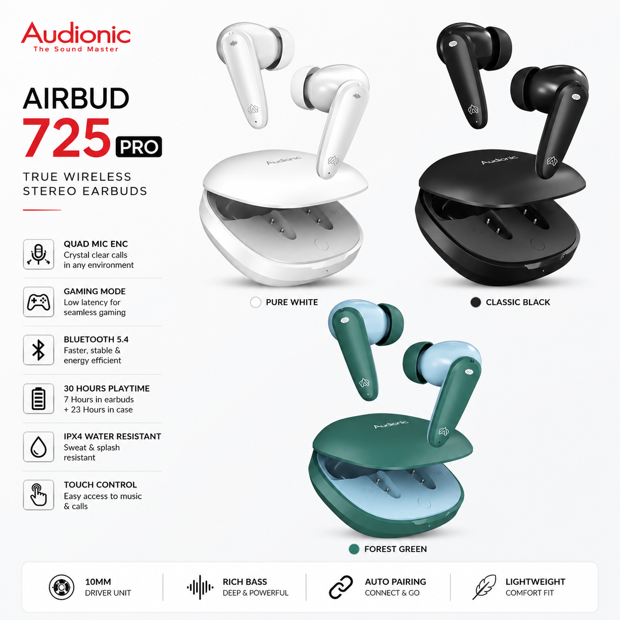Audionic Airbud 725 Pro – Quad Mic ENC, Gaming Mode, 30-Hour Playtime