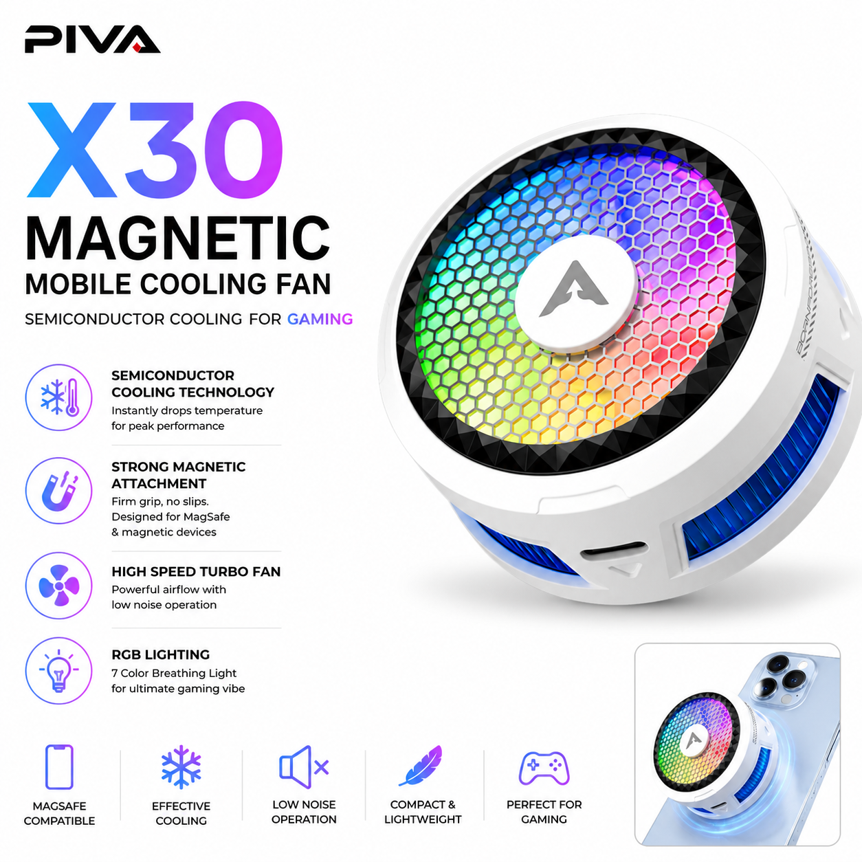 Piva X30 Magnetic Mobile Cooling Fan – Semiconductor Cooling for Gaming
