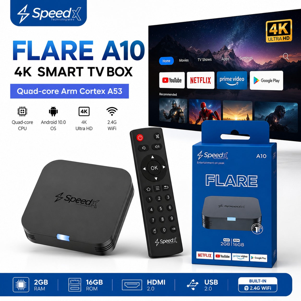 SpeedX Flare A10 Quad-Core Android 10.0 4K Smart TV Box – 2GB+16GB