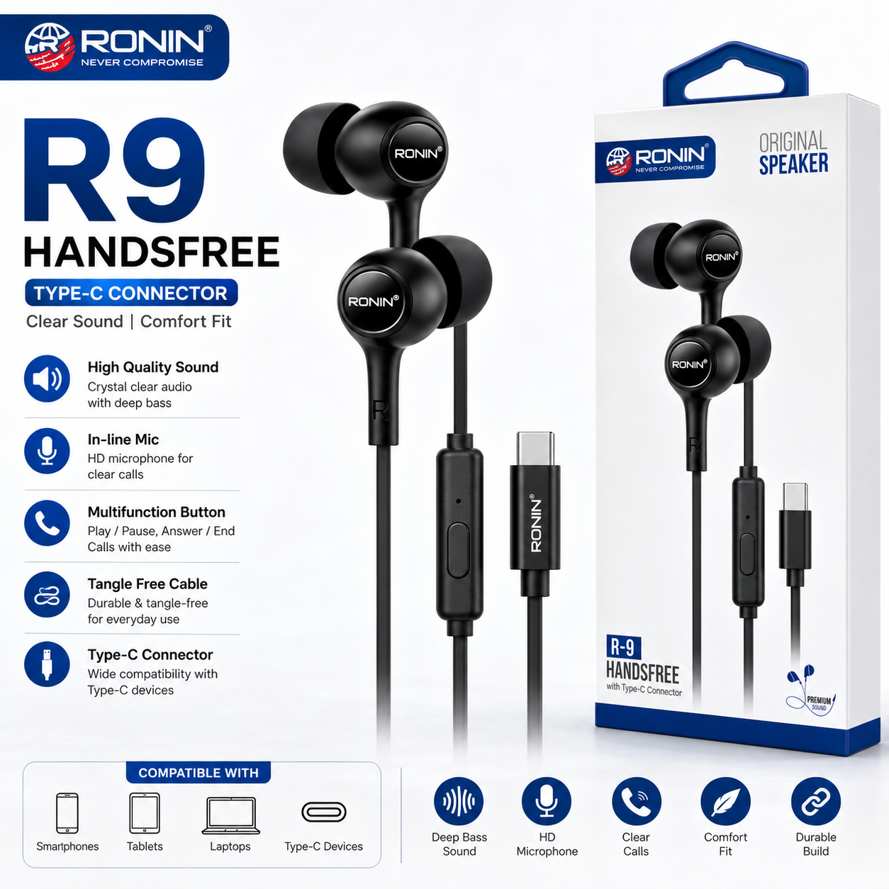 Ronin R-9 Type-C Wired Handsfree – High-Performance Audio with Inline Mic