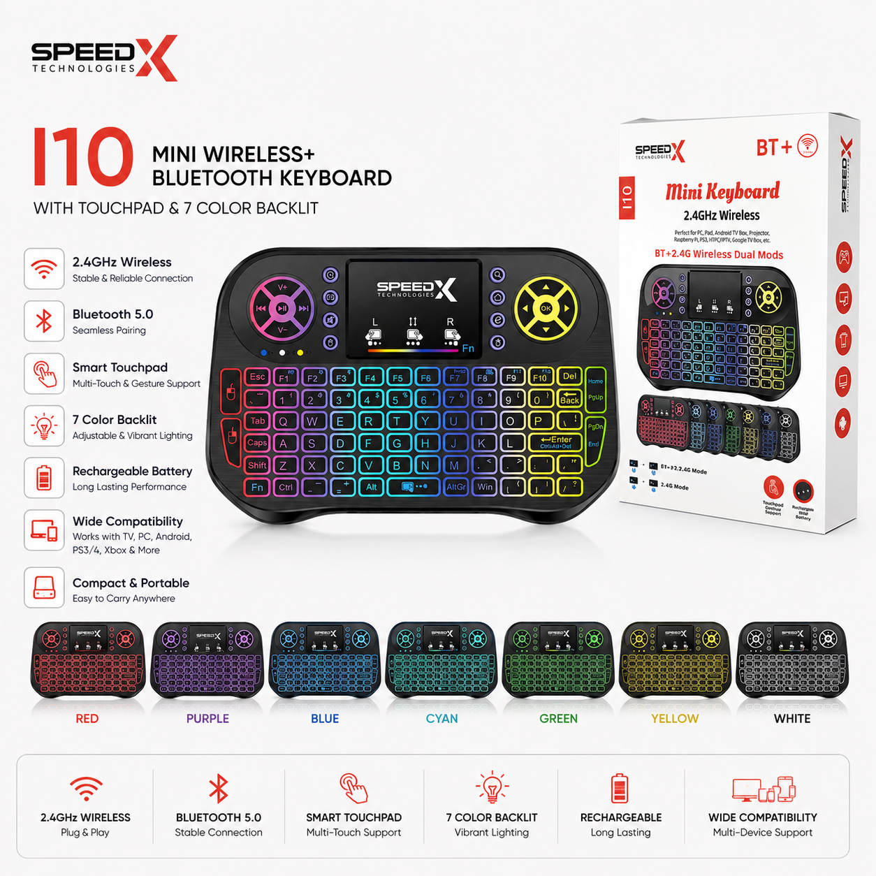 SpeedX I10 Mini Wireless+Bluetooth Keyboard with Touchpad – 7 Color Backlit, 2.4GHz