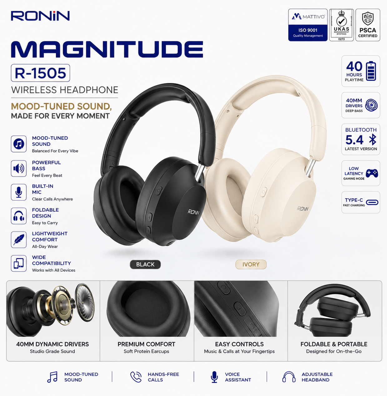 Ronin Magnitude R-1505 Headphone – Mood-Tuned Sound, 40mm Drivers, Bluetooth 5.4