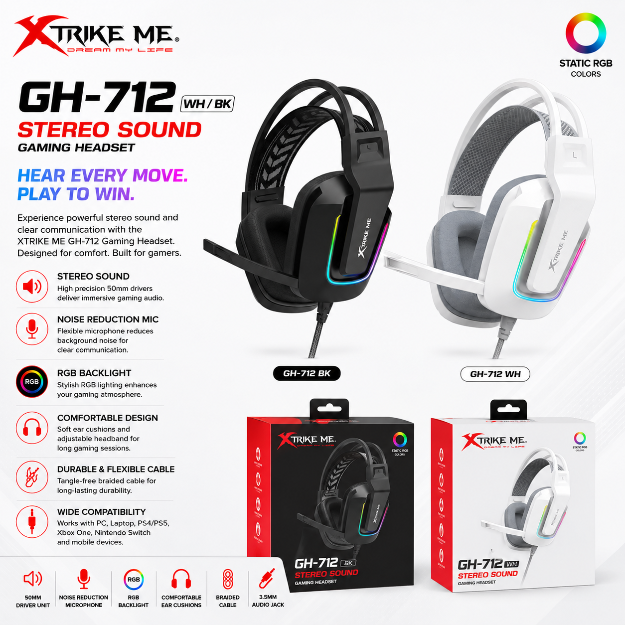 Xtrike Me GH712 RGB Gaming Headset – Virtual 7.1 Surround Sound & Noise-Reduction Mic