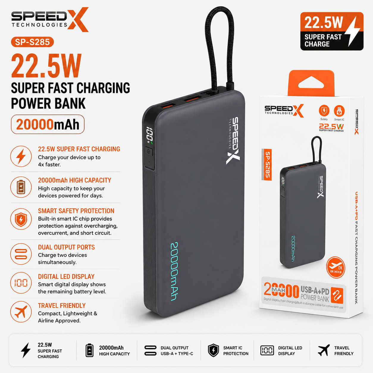 SpeedX SP-S285 22.5W 20000mAh Super Fast Charging Power Bank