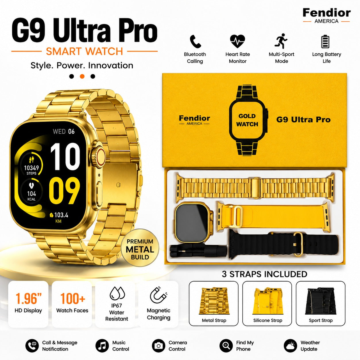 Fendior G9 Ultra Smart Watch Golden Color – 49MM, NFC, Bluetooth Calling