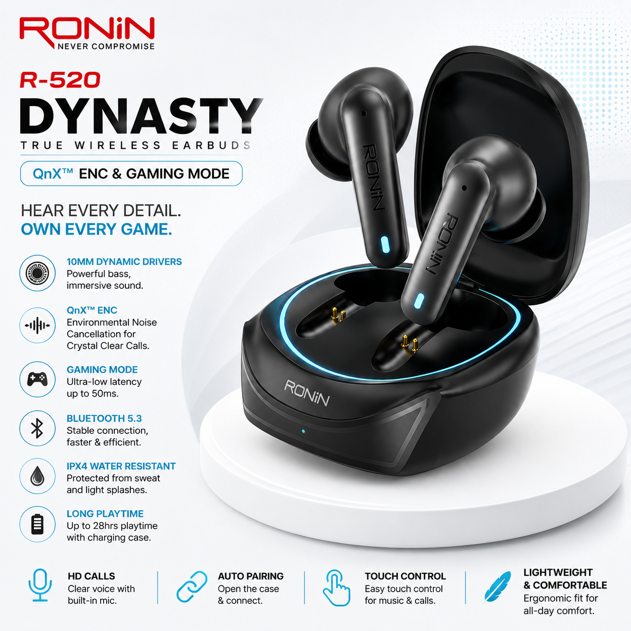 Ronin R-520 Dynasty Wireless Earbuds | QnX™ ENC & Gaming Mode