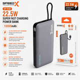 Speed Technologies SP-S185 22.5W super fast charging power bank in gray, shown alongside its retail packaging box on a white background with feature callouts.