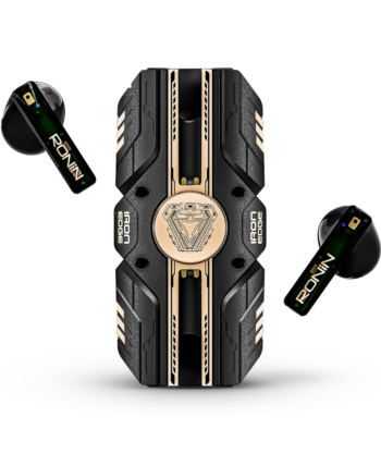Ronin R-7090 Iron Edge Earbuds in charging case, sleek metallic design, showing durability