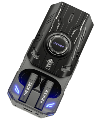 Ronin Dominator R-7035 gaming earbuds in charging case, sleek black design with LED accents