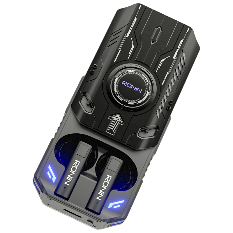 Ronin Dominator R-7035 gaming earbuds in charging case, sleek black design with LED accents