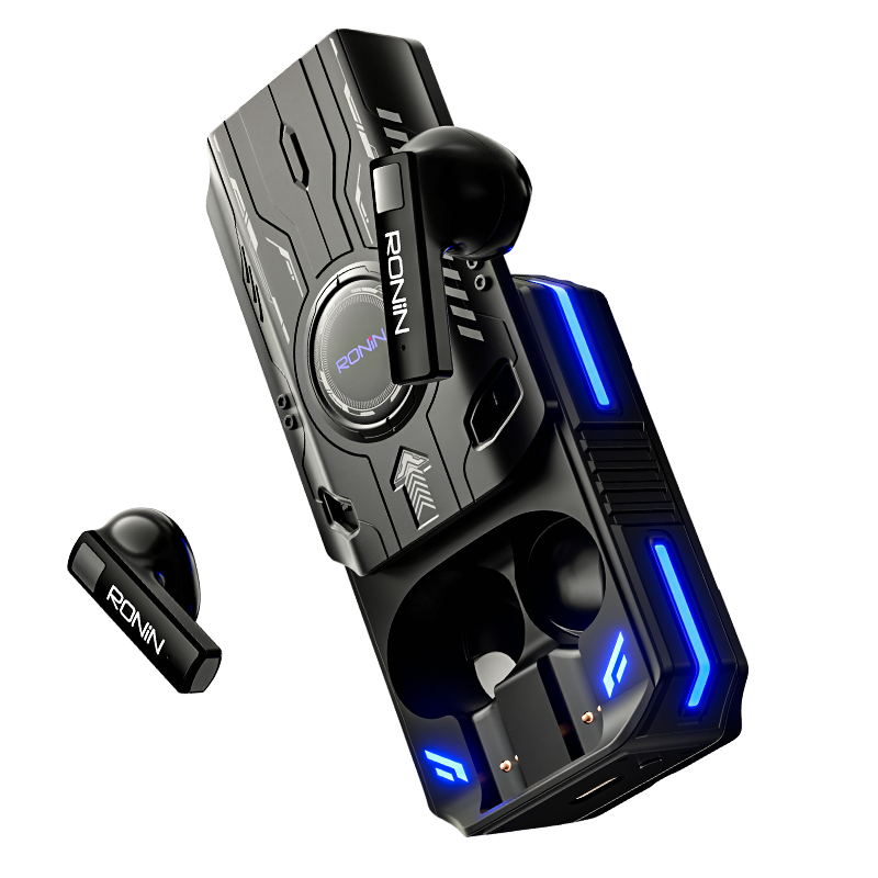 Ronin Dominator R-7035 gaming earbuds in charging case, sleek black design with LED accents