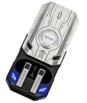 Ronin Dominator R-7035 gaming earbuds in charging case, sleek black design with LED accents