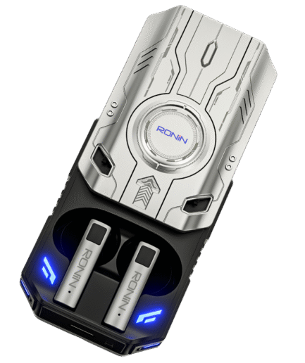 Ronin Dominator R-7035 gaming earbuds in charging case, sleek black design with LED accents