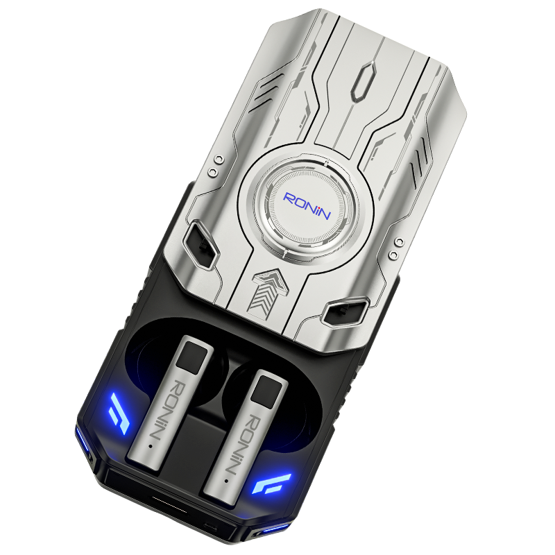 Ronin Dominator R-7035 gaming earbuds in charging case, sleek black design with LED accents Ronin Dominator R-7035 gaming earbuds in charging case, sleek black design with LED accents