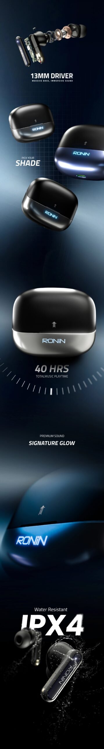 Ronin R-7085 Wireless Earbuds (Vox Series) in charging case