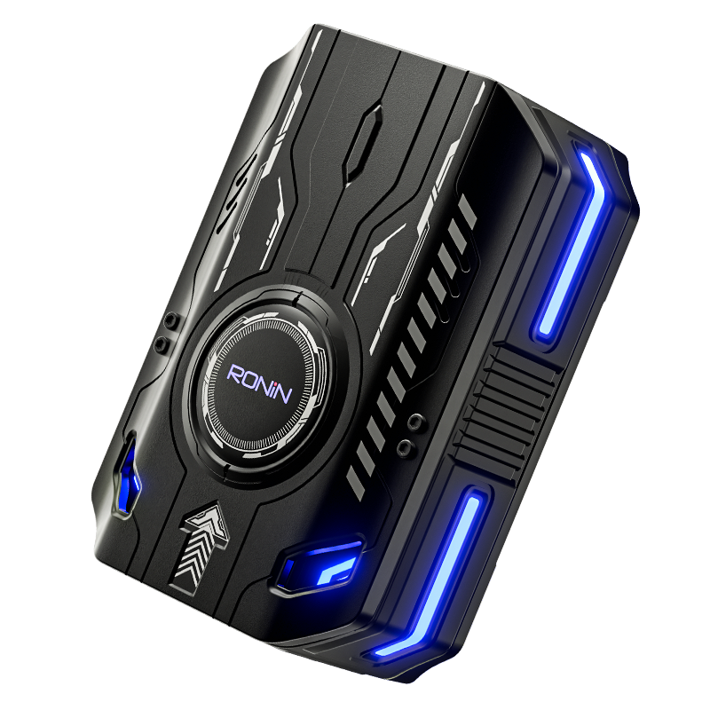 Ronin Dominator R-7035 gaming earbuds in charging case, sleek black design with LED accents Ronin Dominator R-7035 gaming earbuds in charging case, sleek black design with LED accents